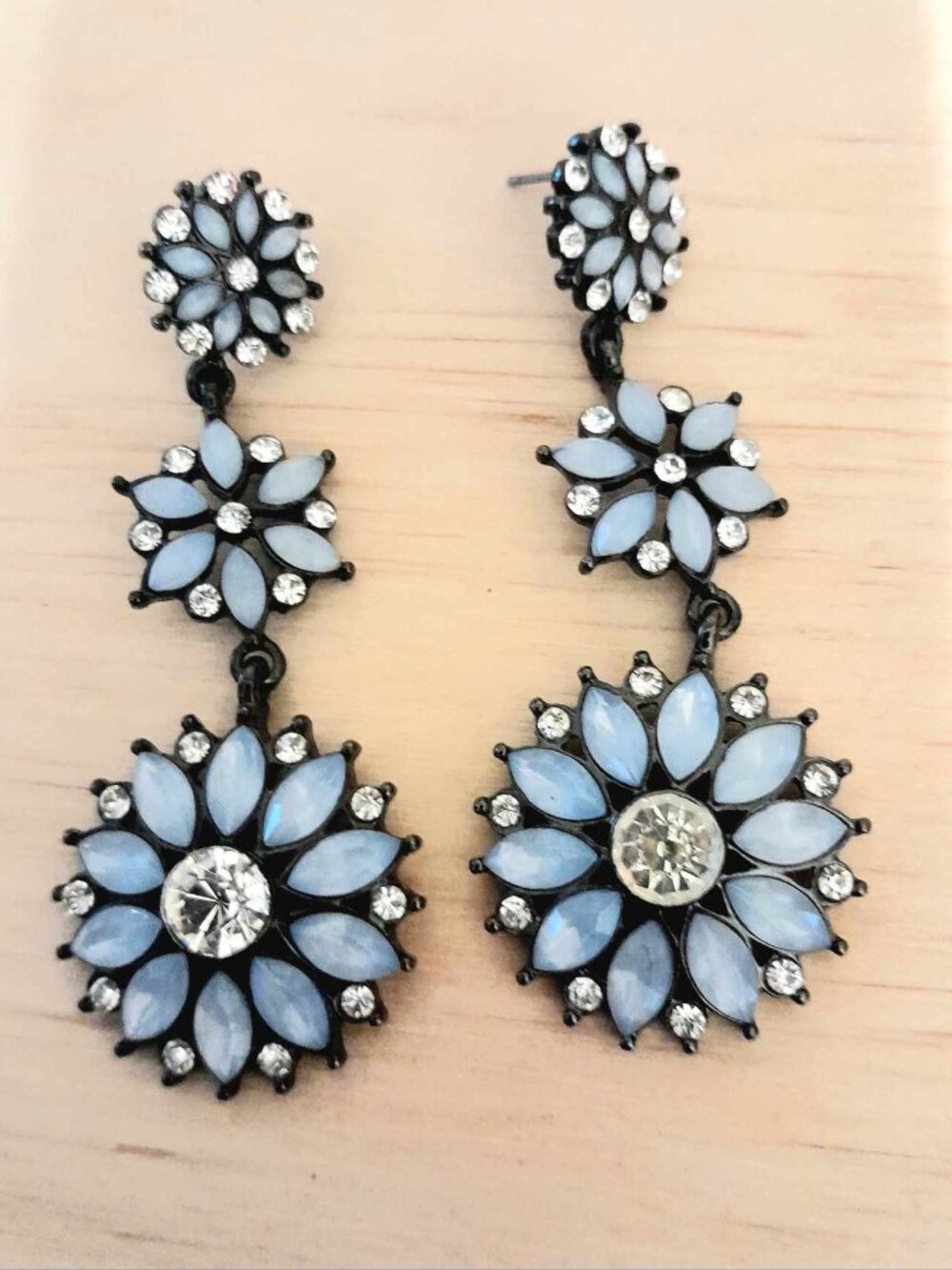 Light Blue Floral Rhinestone Triple Drop Statement Earrings – Pierced